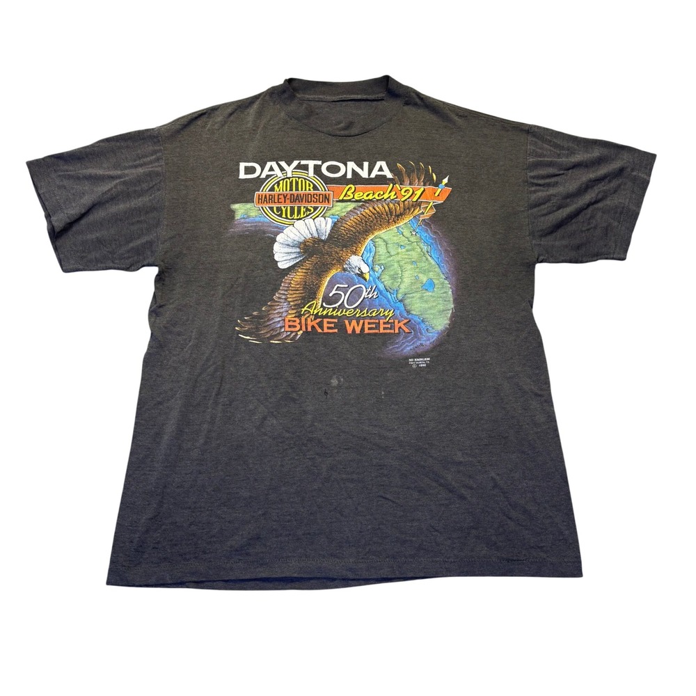 Vintage 1990 3D Emblem Harley Davidson Daytona Beach 91 Bike Week T-Shirt Black